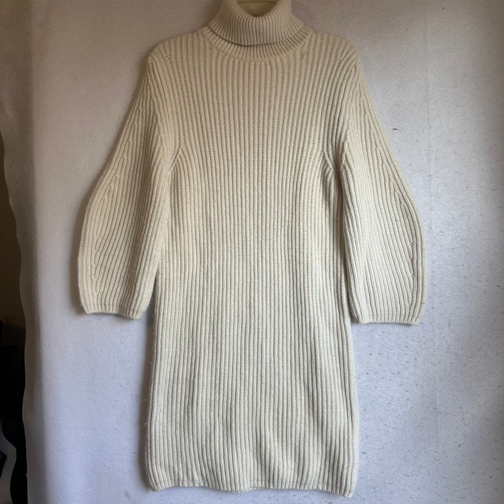 Massimo Dutti Cream Ribbed Turtleneck Sweater Dress Italian Wool Alpaca Blend M